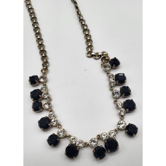 J. Crew Gold Tone Black Clear Rhinestones Statement Bib Necklace Prom Wedding - Picture 2 of 7